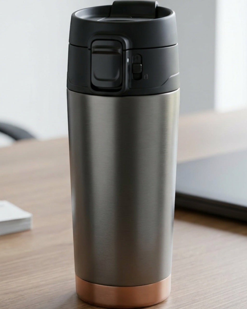 Kemby Push-Button Vacuum Travel Mug 16 oz Graphite Copper - Lifestyle view