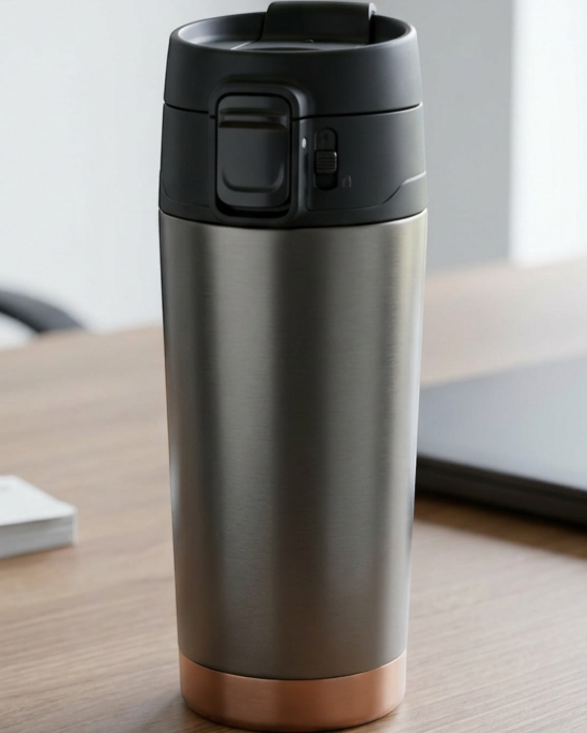 Kemby Push-Button Vacuum Travel Mug 16 oz Graphite Copper - Lifestyle view