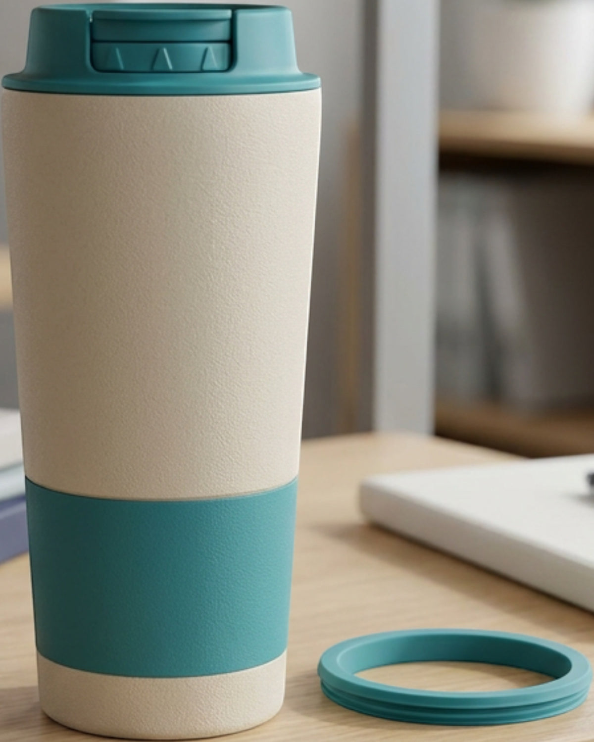 Kemby Three-Position Dial Vacuum Tumbler 20 oz Sand Teal - Lifestyle view